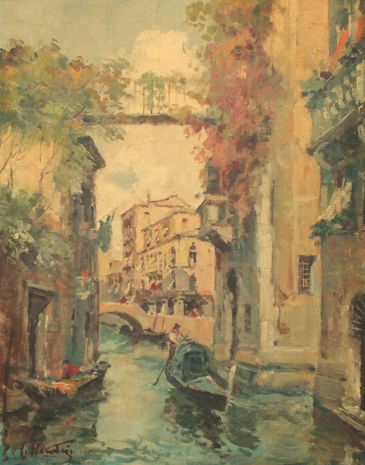 Venice Oil Painting Canal Gondolas Antique Framed Carlo Montesi Original Listed photo furniture