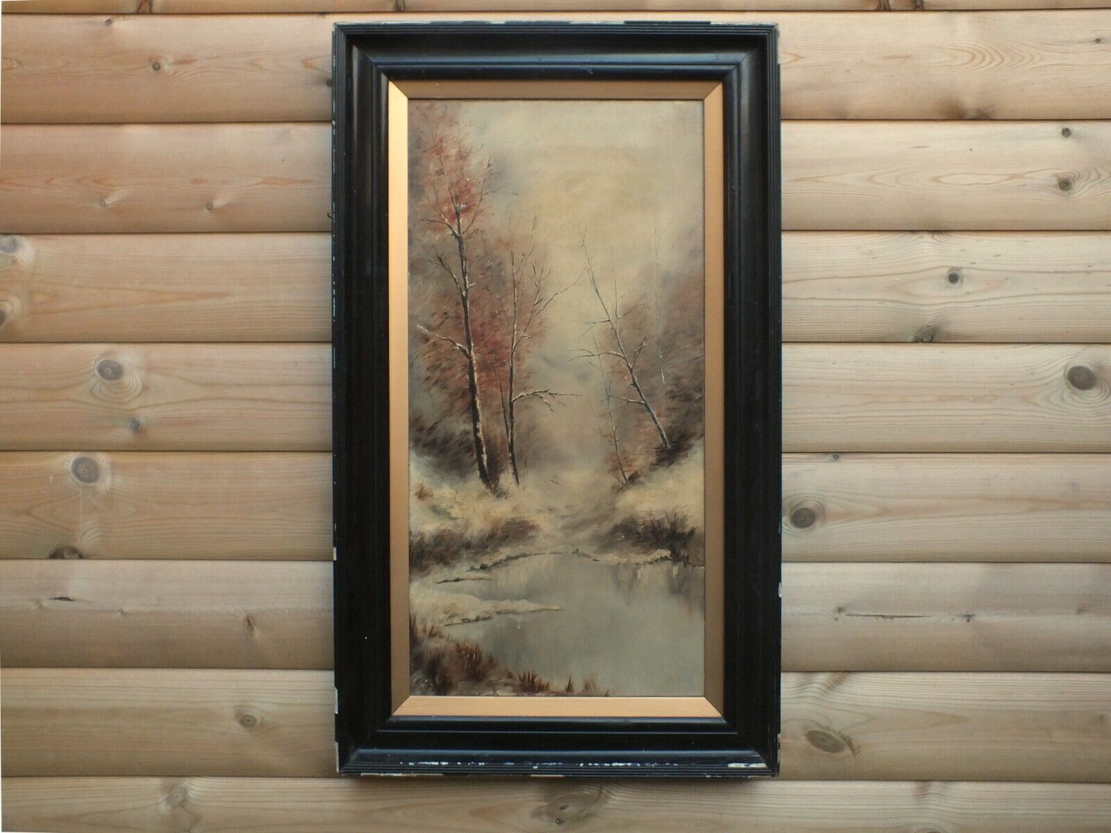 Large Antique Victorian Framed Oil Landscape Painting Ebonized Mahogany Frame photo furniture