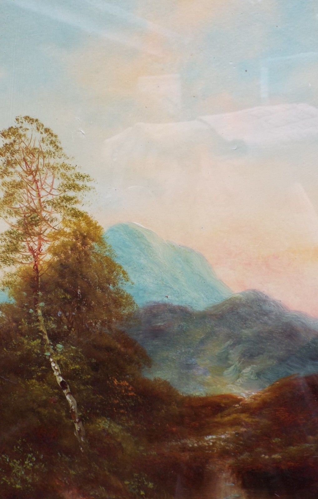 Large Antique Victorian Oil Painting  In New Gold Frame Mountain River Landscape photo vinterior