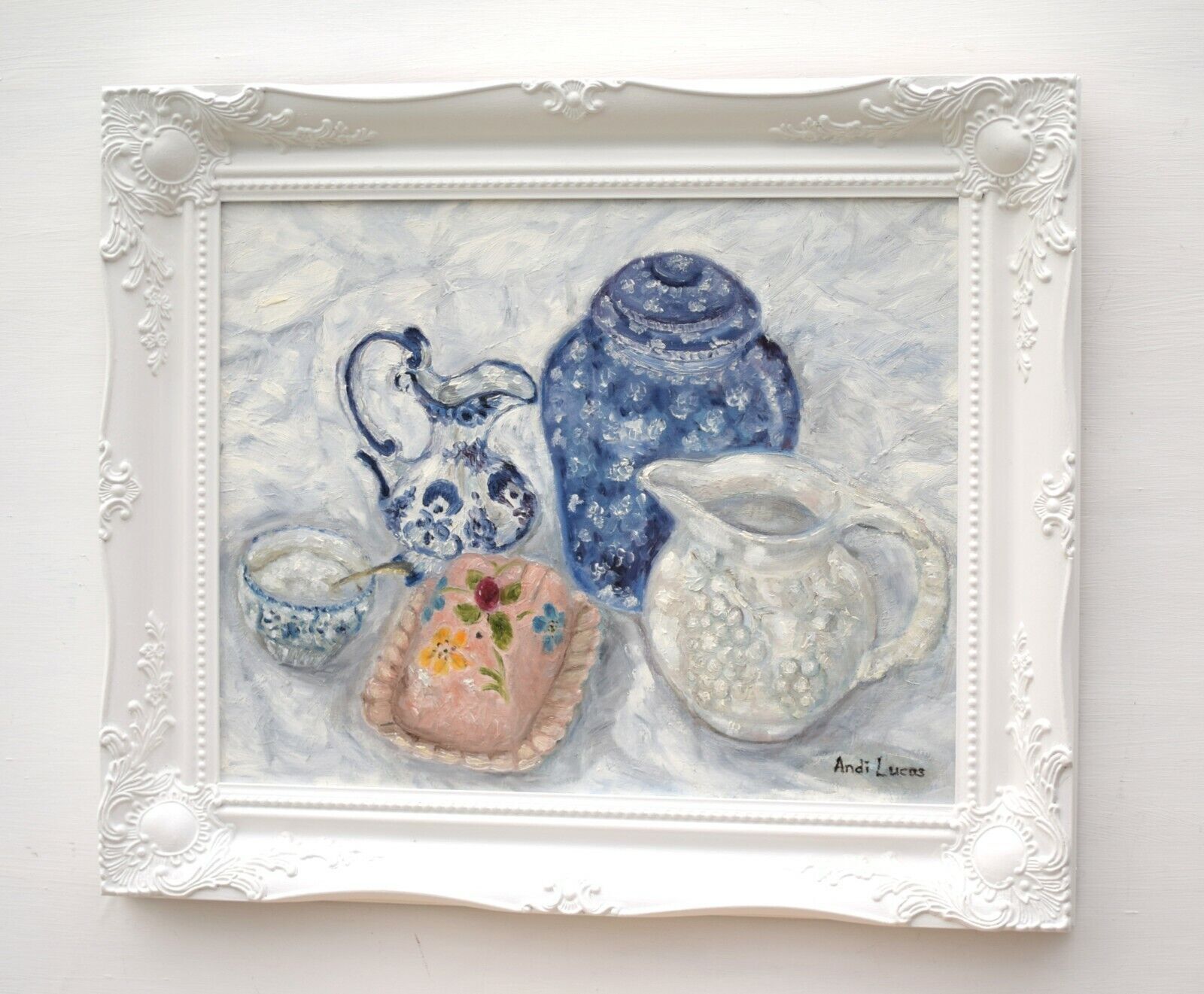 Country Kitchen Still Life Oil Painting Signed Framed Original Blue Pottery Andi photo 303.0
