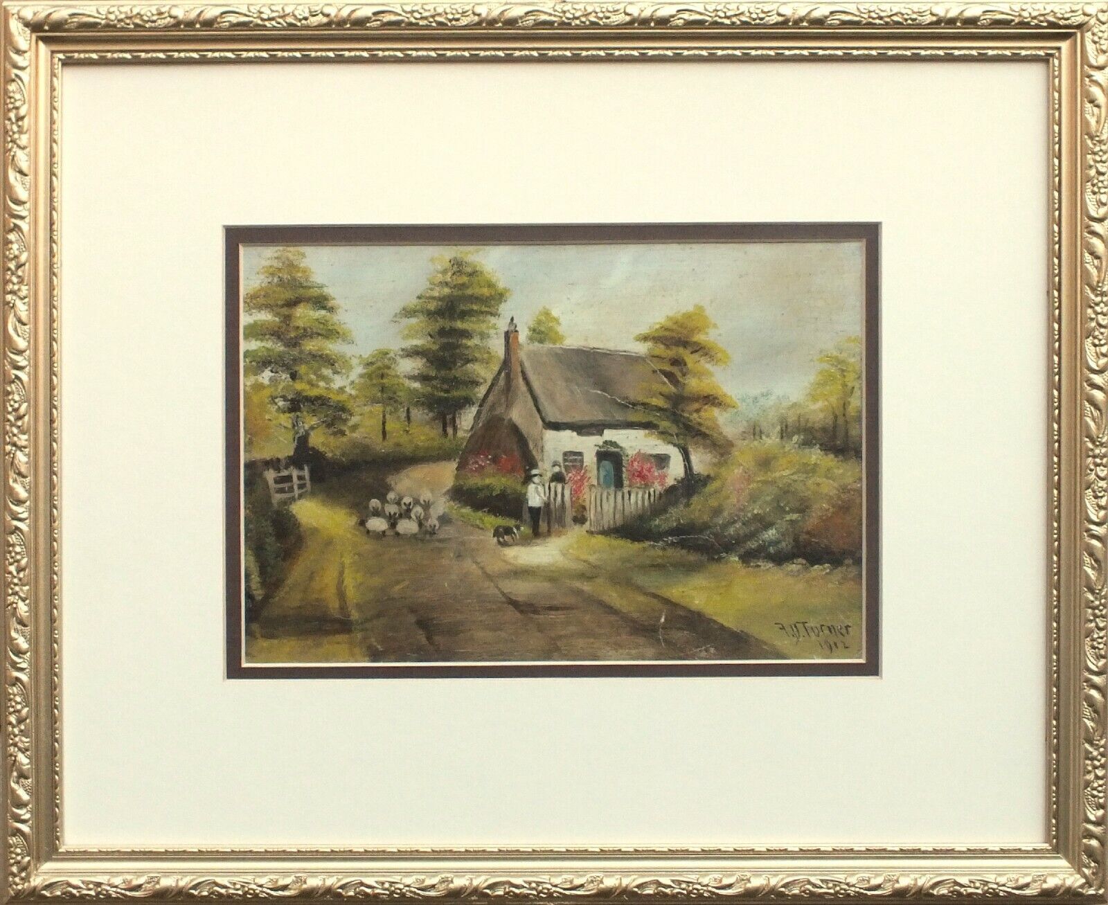 Thatched Cottage, English Farming Landscape Antique Oil Painting, Framed Signed photo for sale