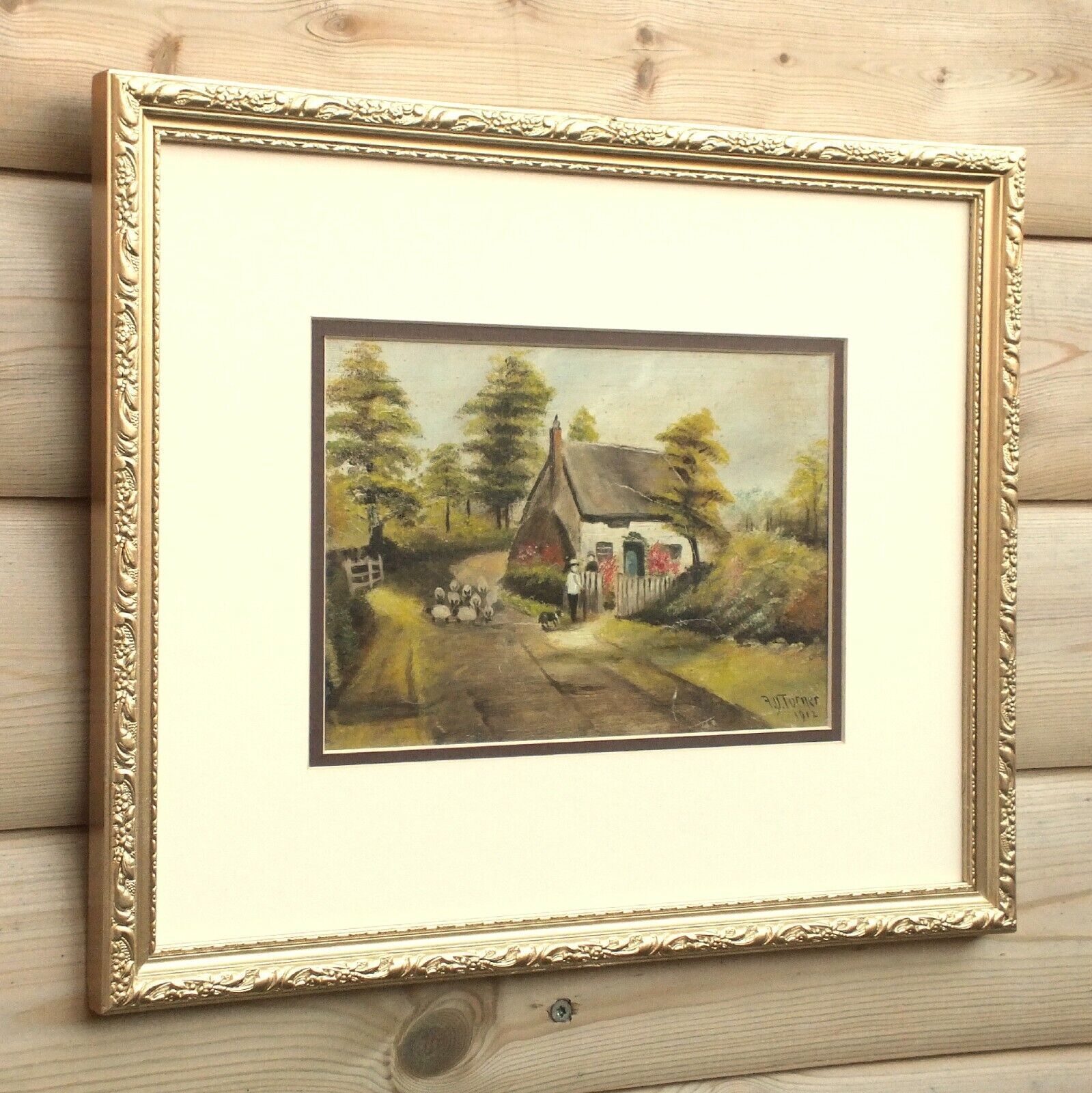 Thatched Cottage, English Farming Landscape Antique Oil Painting, Framed Signed photo vinterior