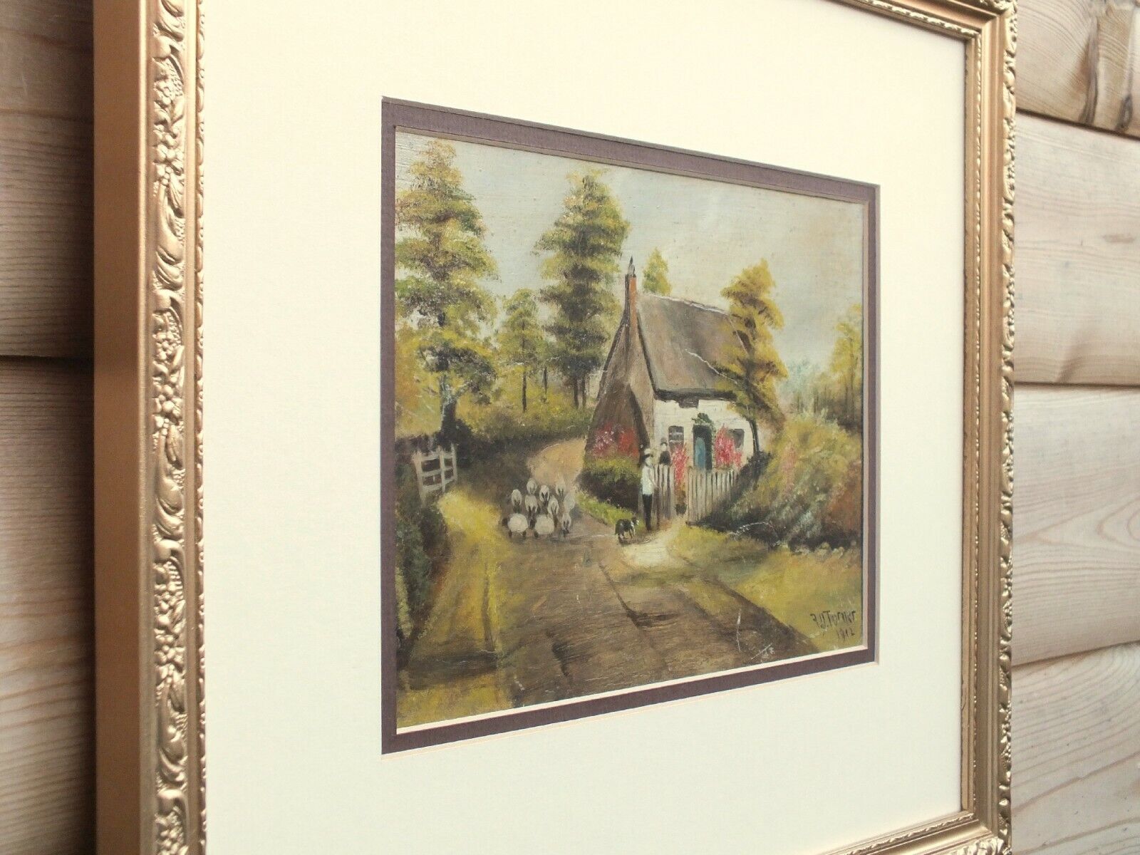 Thatched Cottage, English Farming Landscape Antique Oil Painting, Framed Signed photo buy