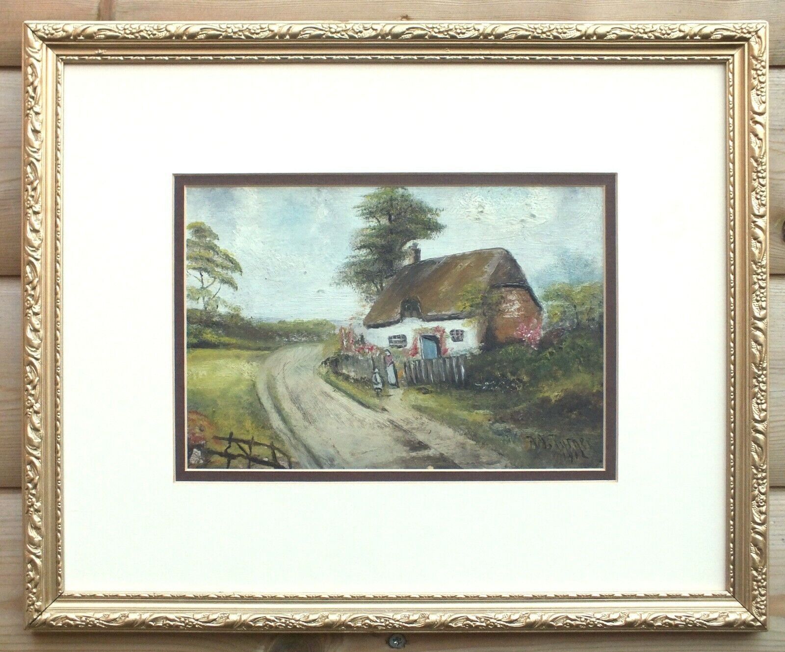 Thatched Cottage, English Country Landscape Antique Oil Painting, Framed Signed