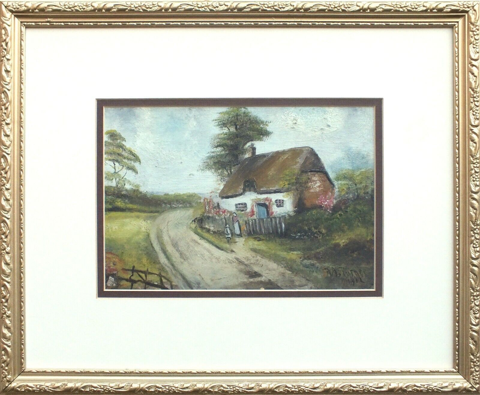 Thatched Cottage, English Country Landscape Antique Oil Painting, Framed Signed photo for sale