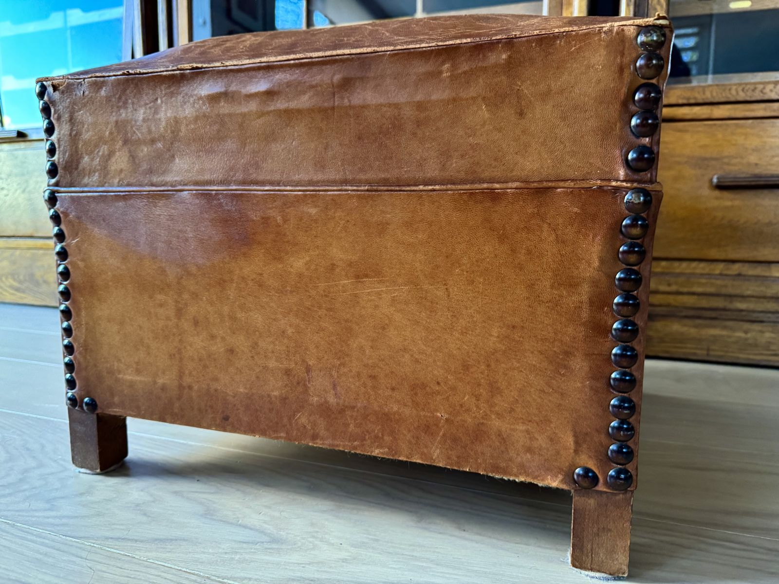 Original French 1940s/50s Leather Pouffe / Ottoman. photo 495.0