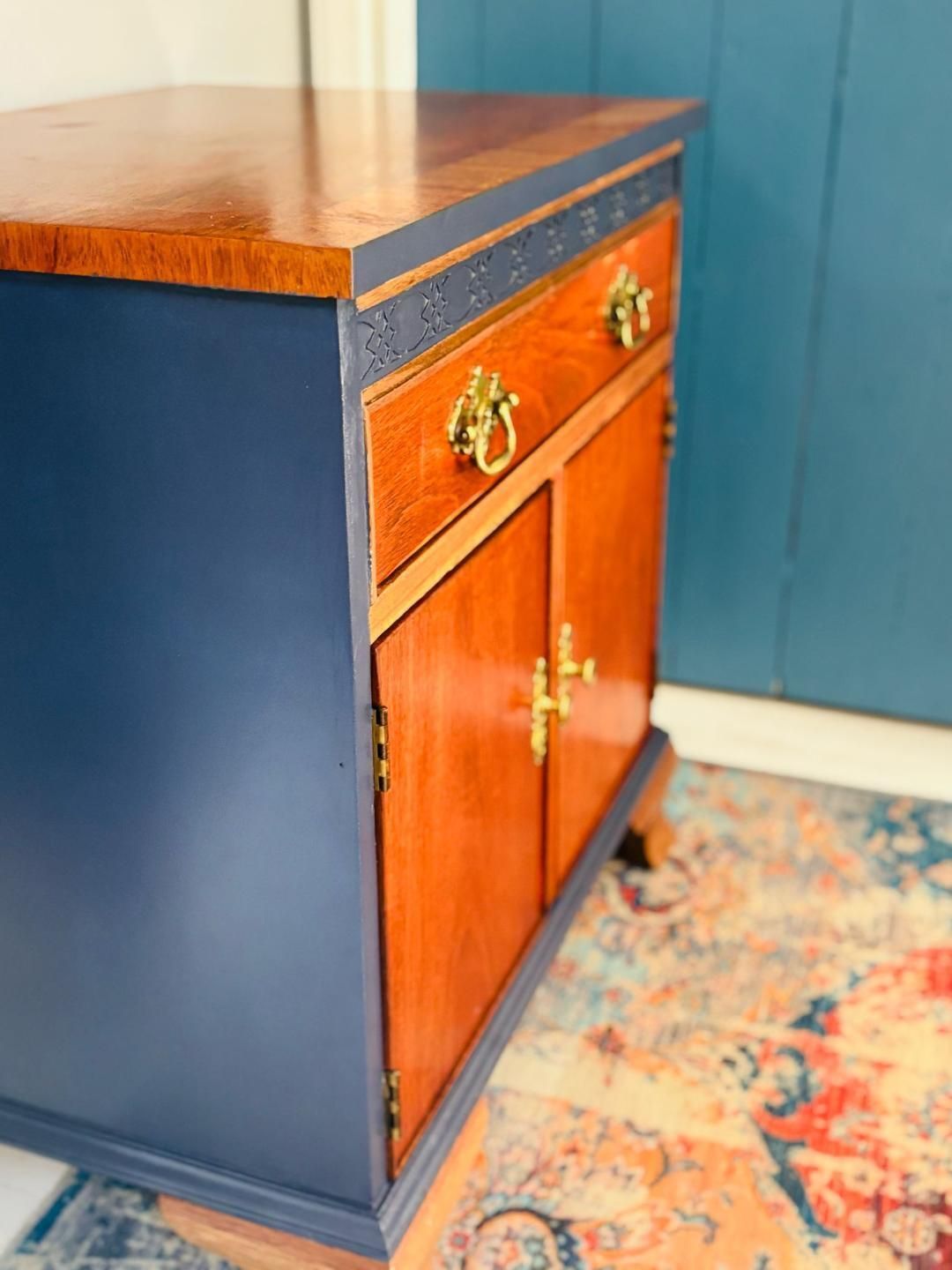 photo for sale Pair Of Cabinets, Georgian Style, Oak And Mahogany With Beautiful Deep Blue Accents