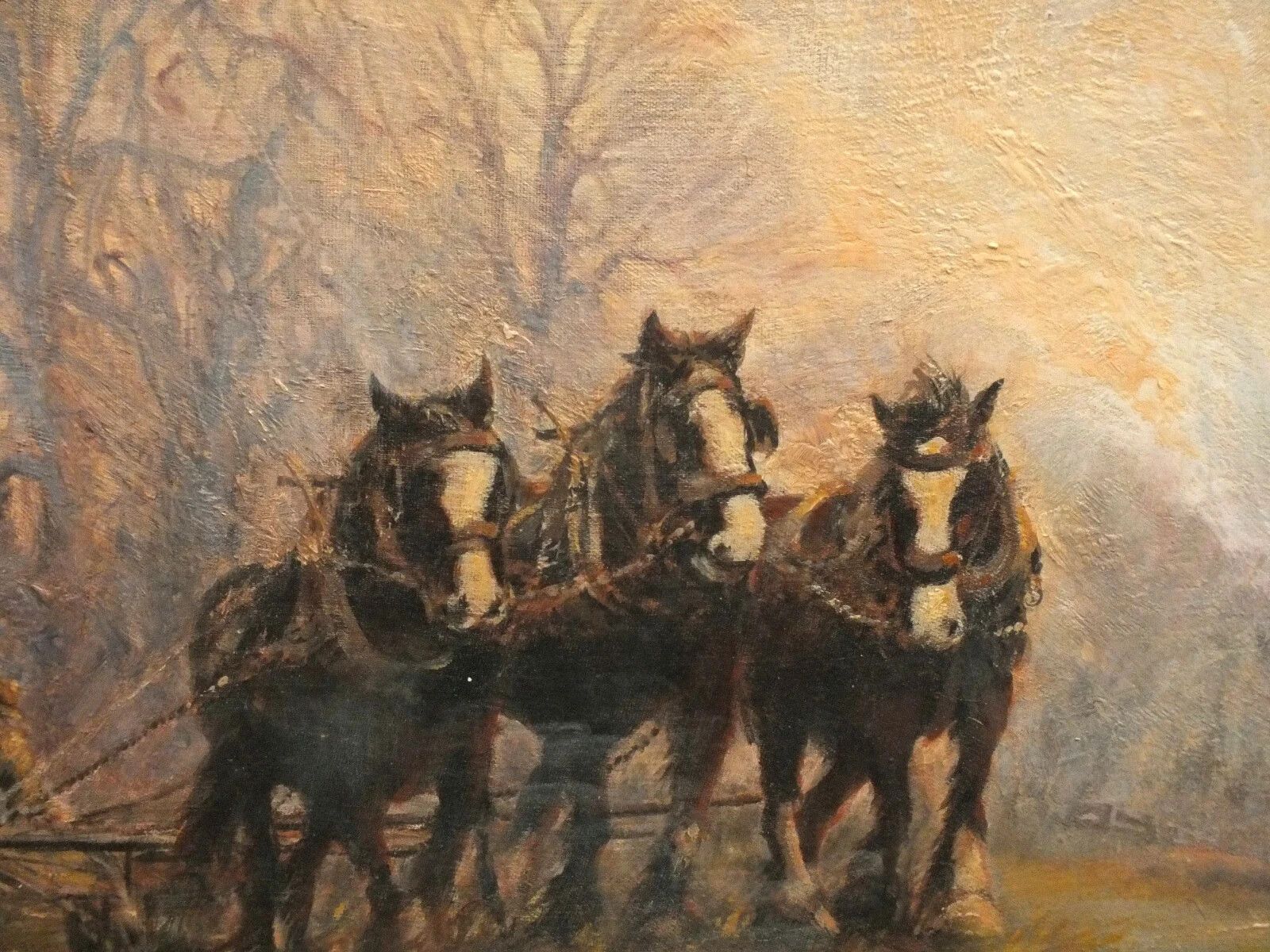 Lge Vintage Plough Horses Oil Painting Farming Agrarian English Landscape Framed photo Art