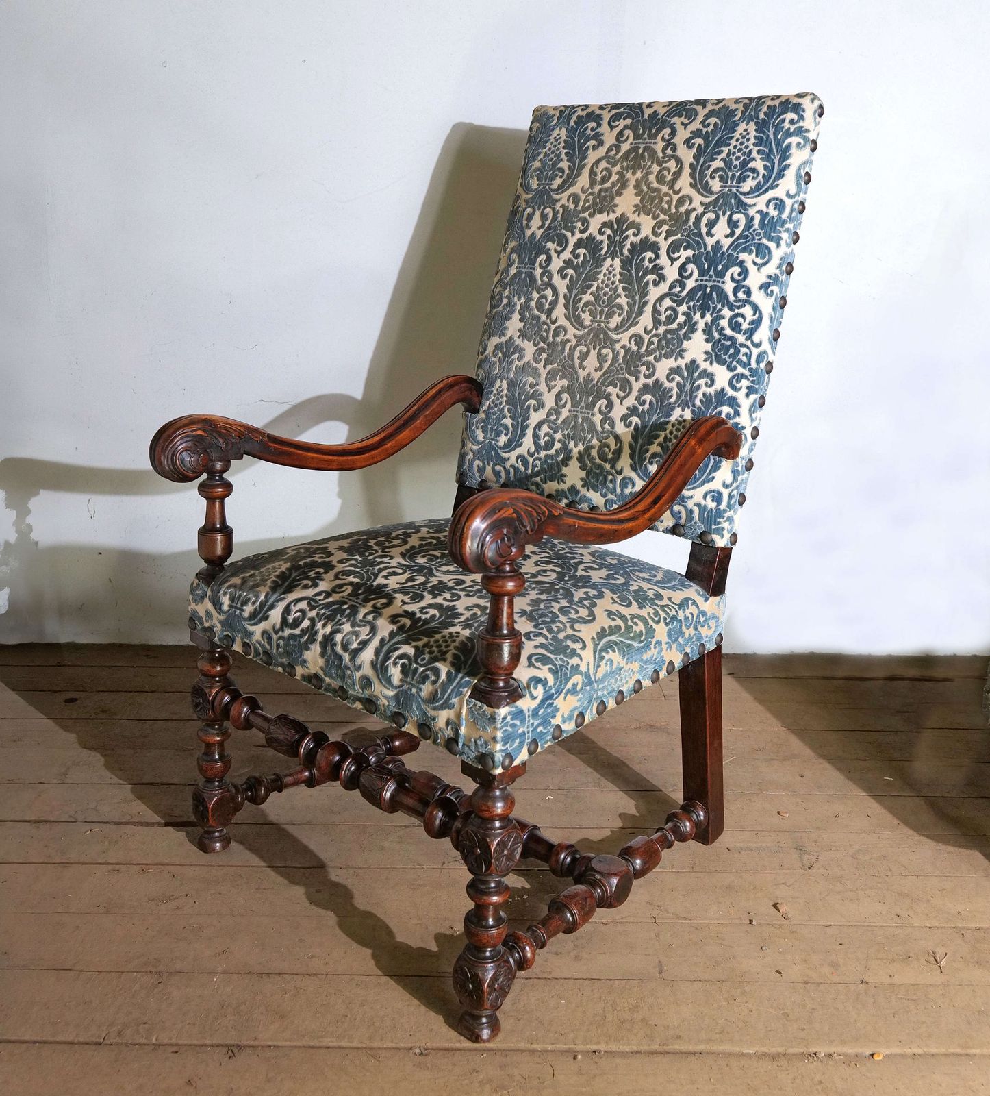 Early 18th C French Carved Walnut Open Arm Chair