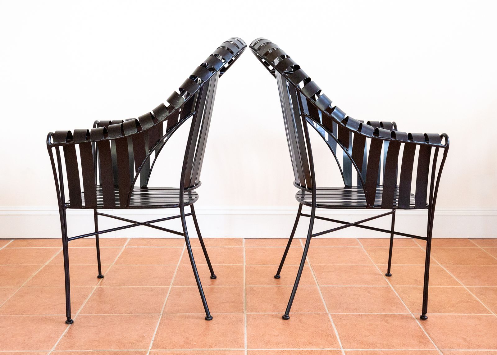 photo for sale Modernist Iron Strap Garden Armchairs Pair Sculptural Brutalist 1980s Mcm Patio Outdoors Outside  French Machinisme Woodard Carre Salterini Style