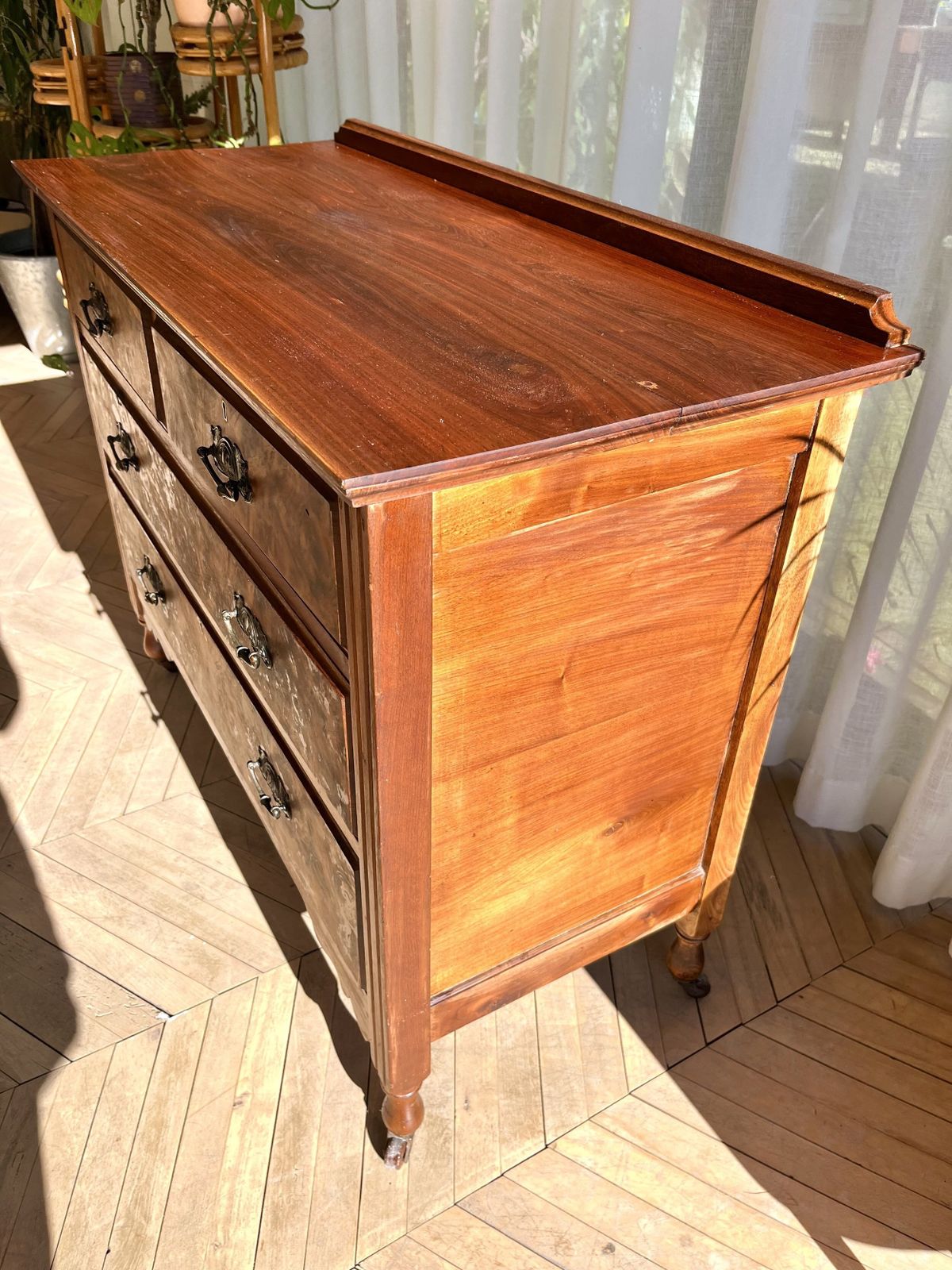 Vintage Hardwood Chest Of Drawers On Wheels With Walnut Veneer photo for sale