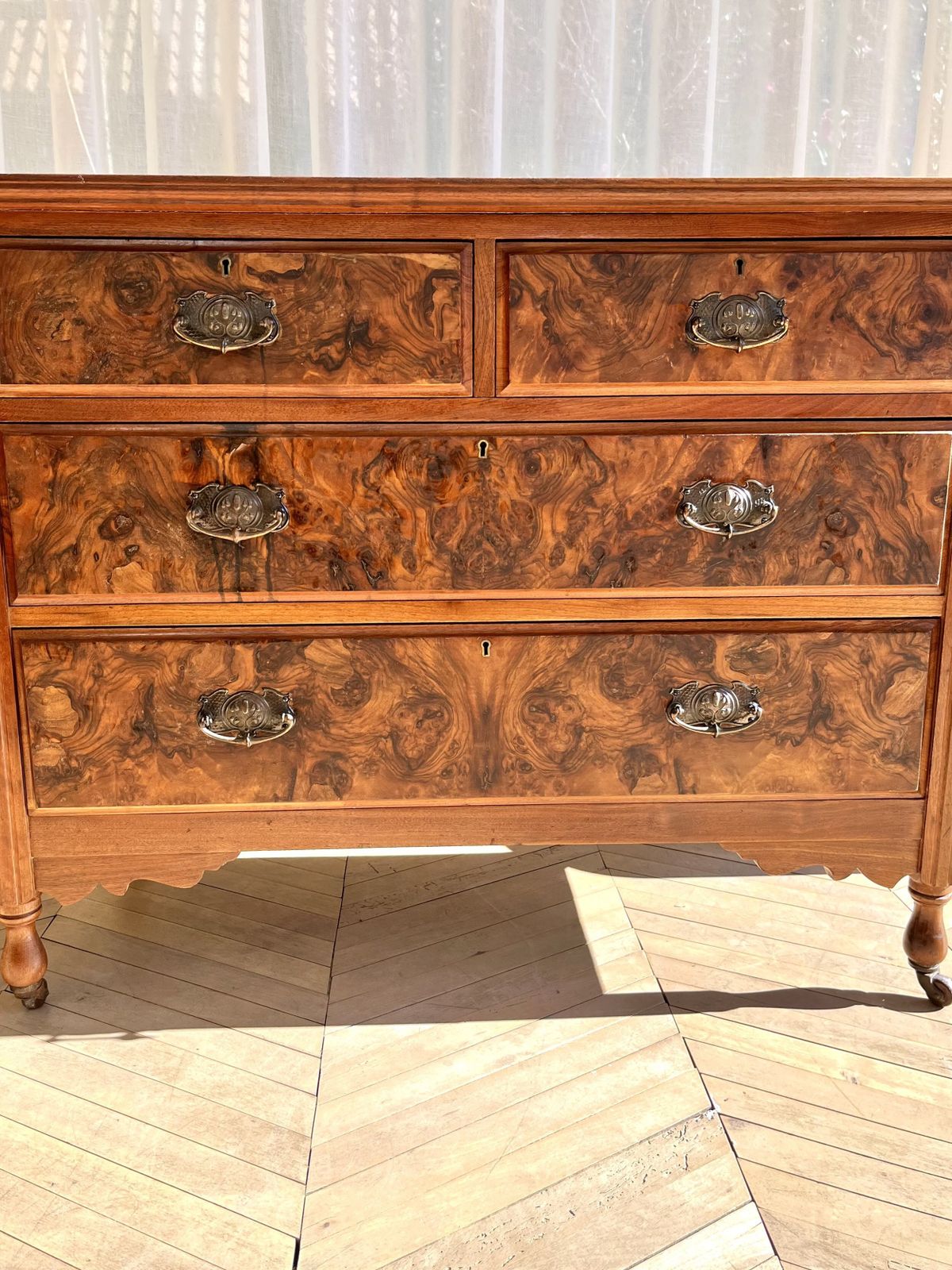photo furniture Vintage Hardwood Chest Of Drawers On Wheels With Walnut Veneer