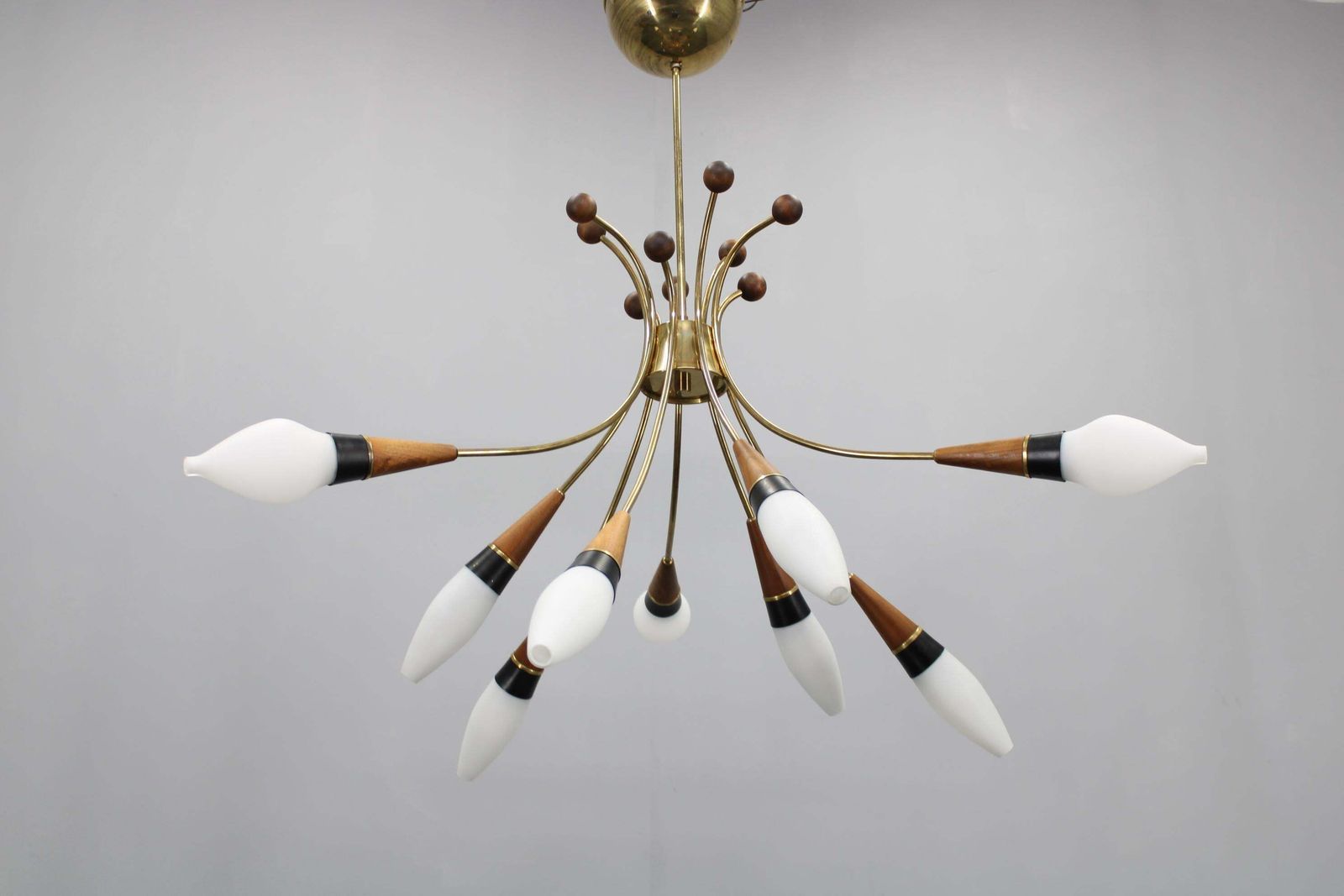1960s Rupert Nikoll Brass And Teak Opaline Glass Chandelier, Austria photo furniture