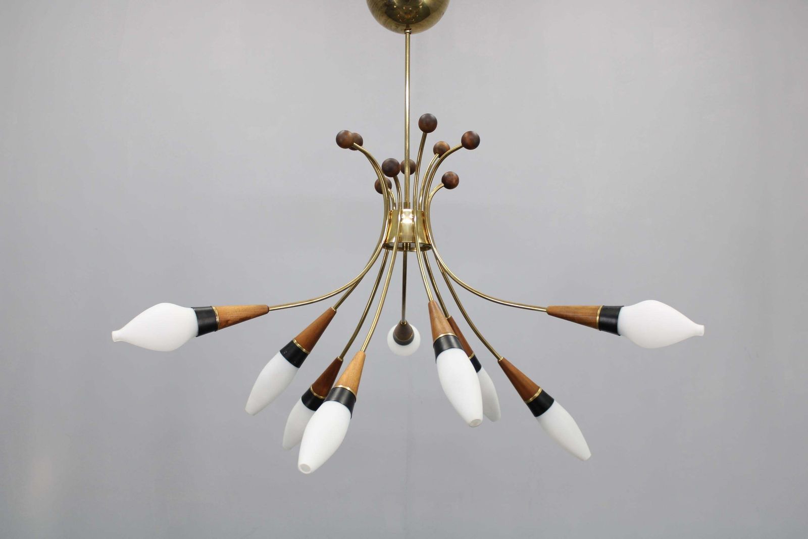 1960s Rupert Nikoll Brass And Teak Opaline Glass Chandelier, Austria photo for sale