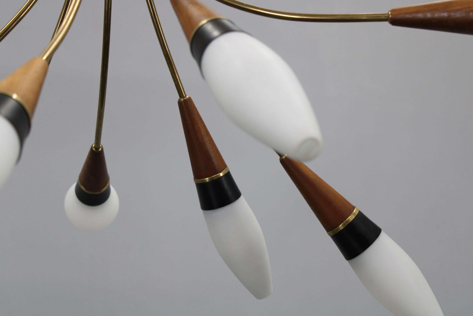 photo buy 1960s Rupert Nikoll Brass And Teak Opaline Glass Chandelier, Austria