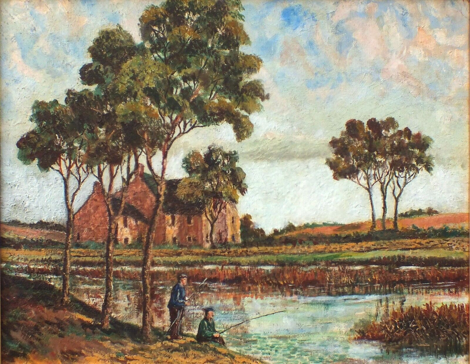 English Landscape Vintage Oil Painting Fishing Lake Framed photo furniture