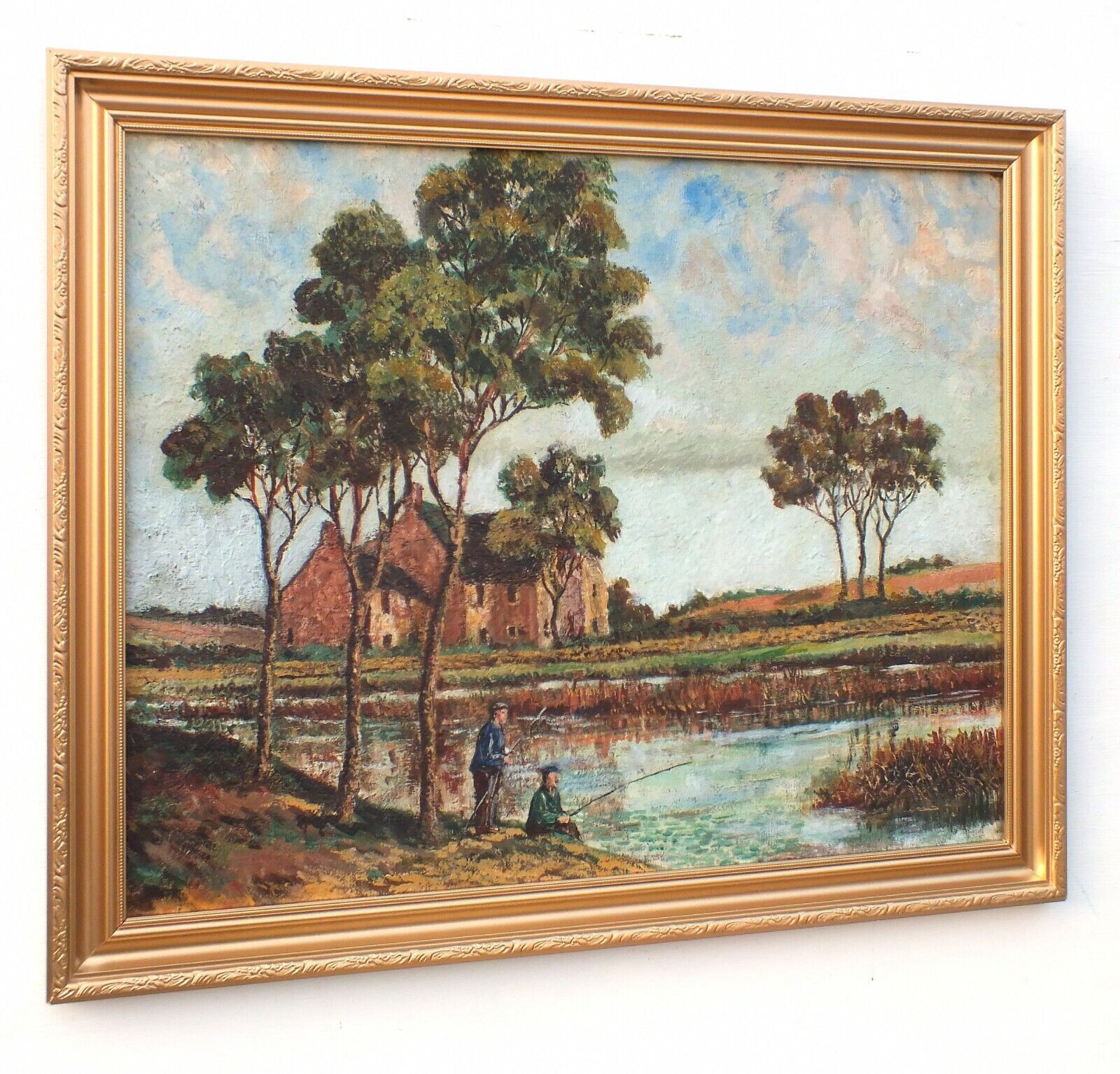 English Landscape Vintage Oil Painting Fishing Lake Framed photo for sale