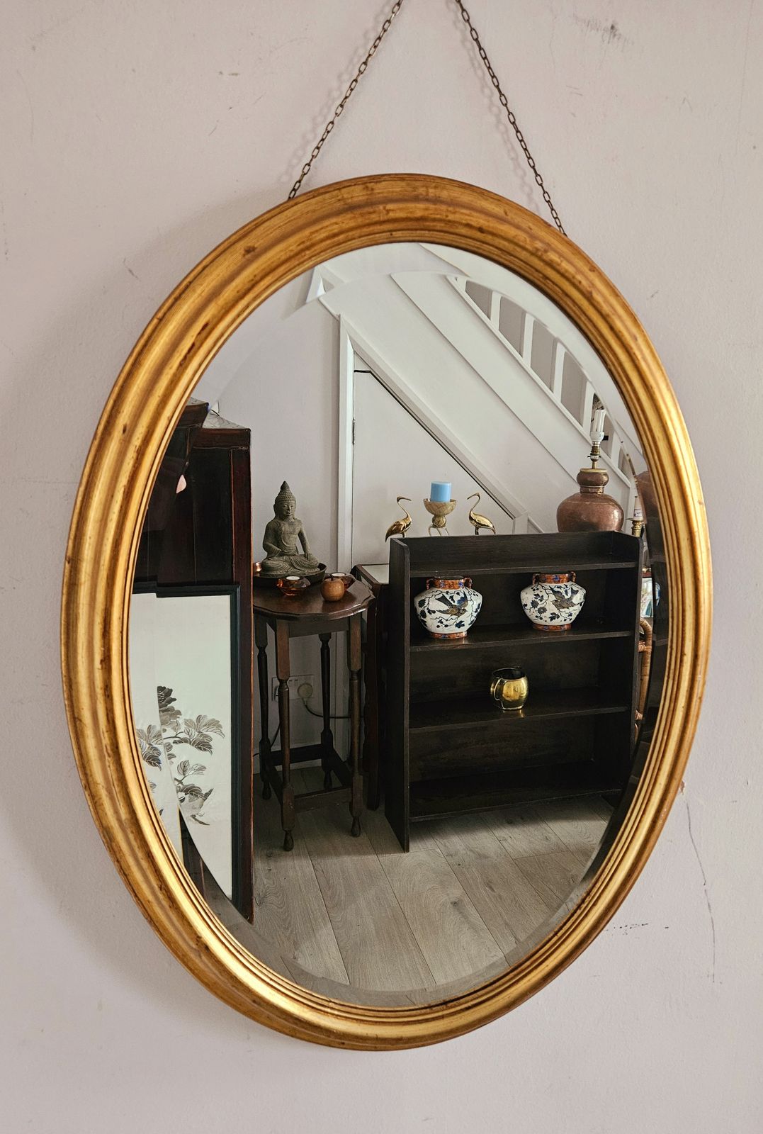 Large, Heavy, Oval Mirror With Gold, Wood Frame And Bevelled Glass