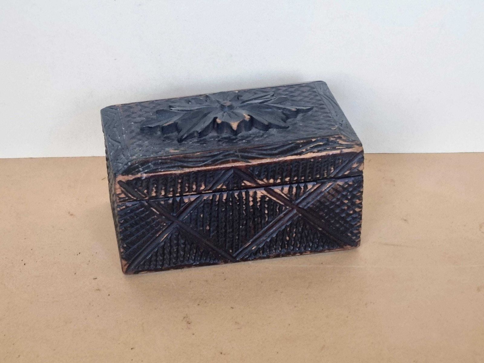 Antique Hand Carved Black Forest Box | Rustic Wooden Trinket Chest | Purple Velvet Interior 4x7 Inch photo vinterior