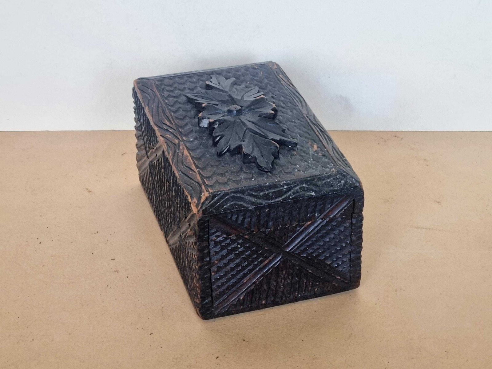Antique Hand Carved Black Forest Box | Rustic Wooden Trinket Chest | Purple Velvet Interior 4x7 Inch photo buy