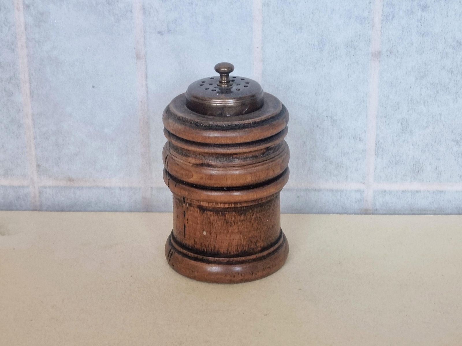 Antique Treen Pepper Grinder | Victorian Wooden Spice Mill | Turned Walnut Kitchen Tool With Early Plastic Grinder photo vintage