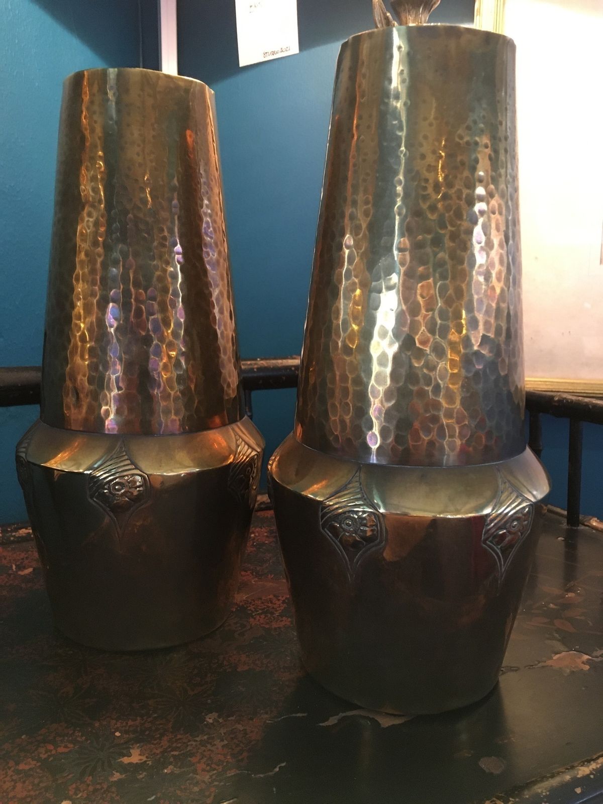 Unusual Pair Of Jugendstil Wmf Brass Vases photo 140.0