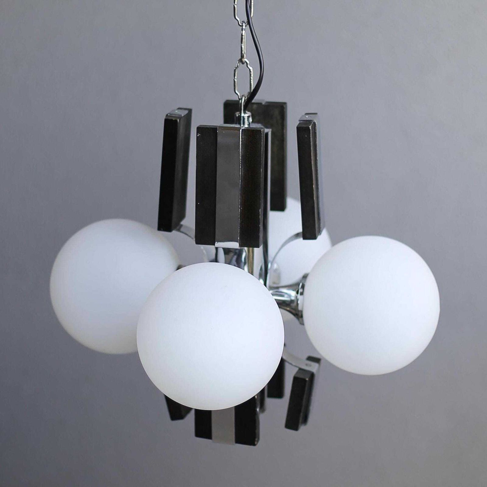 Brutalist Sputnik Pendant Lamp – Chrome Wood & Milky Glass – Yugoslavia 70s – Mid Century Modern Lighting