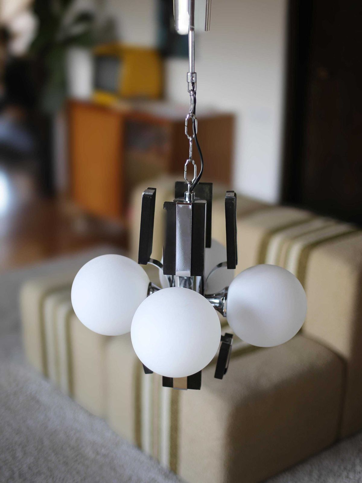 Brutalist Sputnik Pendant Lamp – Chrome Wood & Milky Glass – Yugoslavia 70s – Mid Century Modern Lighting photo furniture