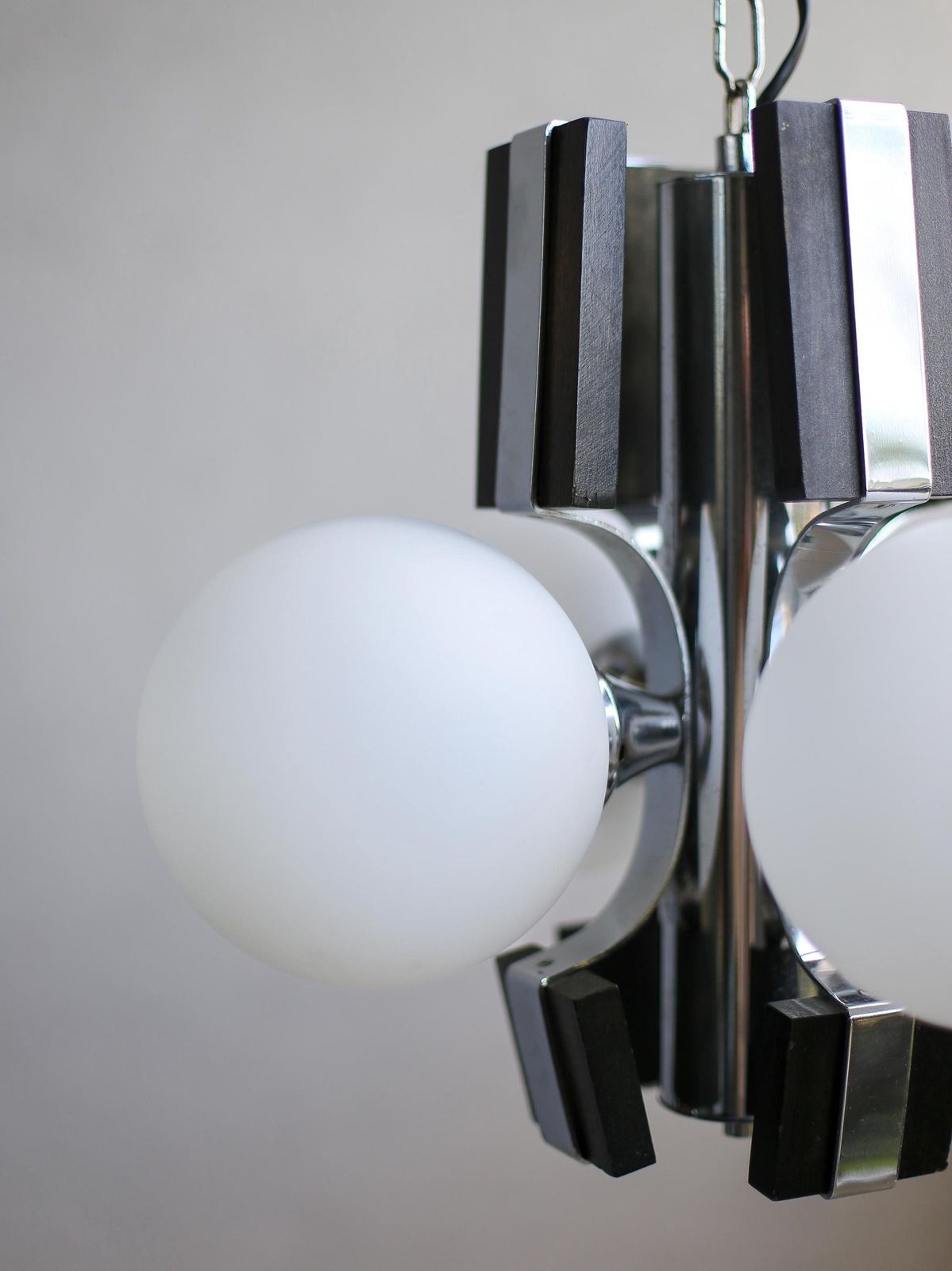 Brutalist Sputnik Pendant Lamp – Chrome Wood & Milky Glass – Yugoslavia 70s – Mid Century Modern Lighting photo vintage
