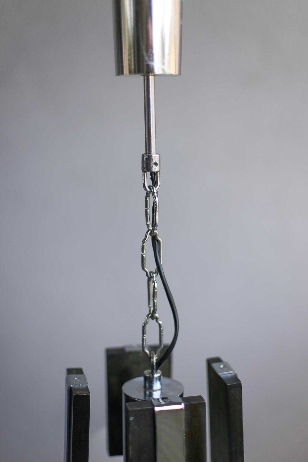 photo furniture Brutalist Sputnik Pendant Lamp – Chrome Wood & Milky Glass – Yugoslavia 70s – Mid Century Modern Lighting