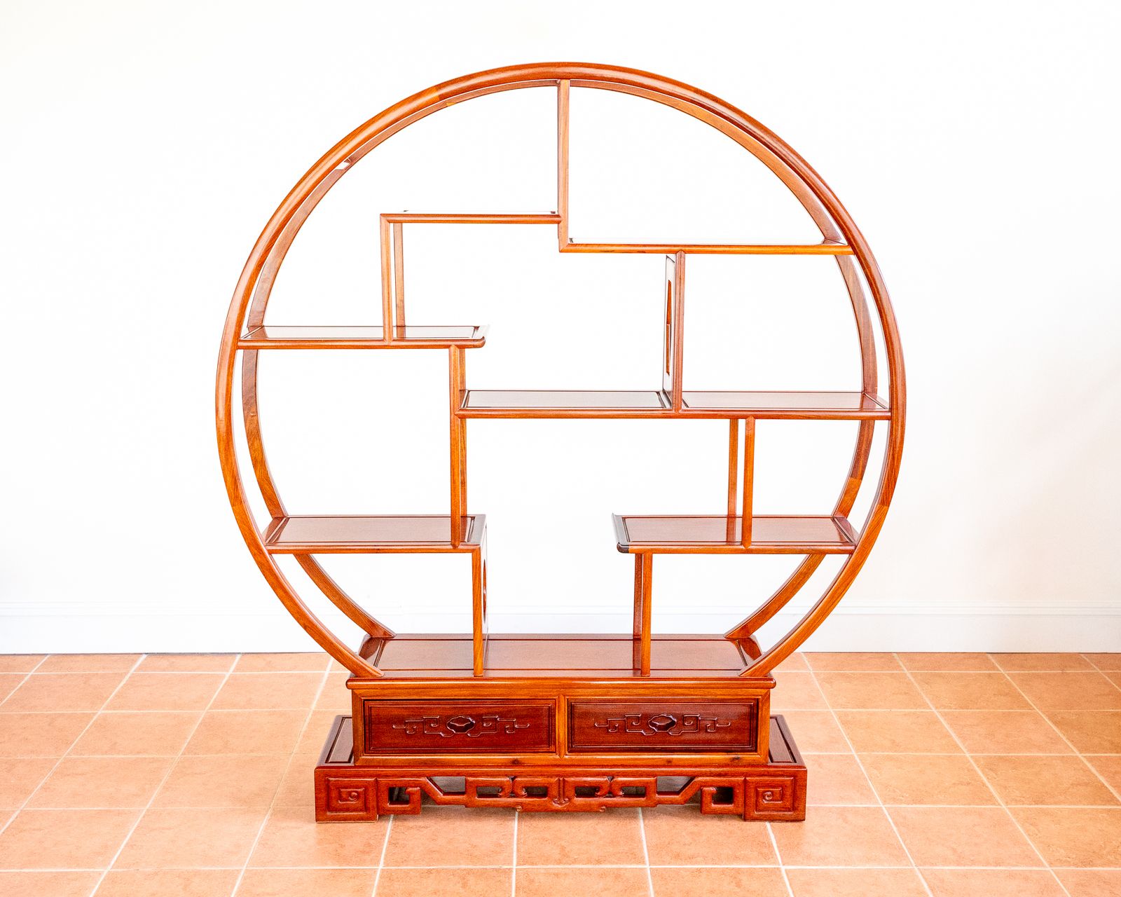 photo furniture Fine Chinese Display Stand Shelves Bookcase Oriental Circular Large Shelving Room Divider Eastern Moon Gate Mingei Jumu Asian Zen