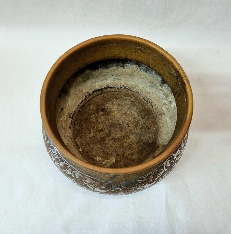 Antique Brass Middle Eastern Islamic Cairoware Style Jardiniere, Overlaid With Silver And Copper And Royal Family Mountbatten Inscription photo Home Decor