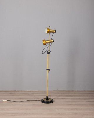Vintage Italian Floor Lamp In Golden Brass With Two Lights, 1970s