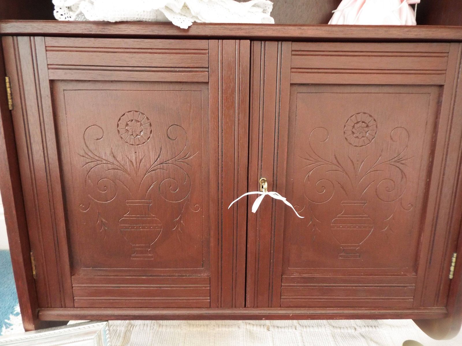 Antique Solid Mahogany Wall Cabinet Victorian Edwardian Cabinet Apothecary Cupboard Bathroom Cupboard Hand Carved Mahogany Restored Cabinet photo Furniture