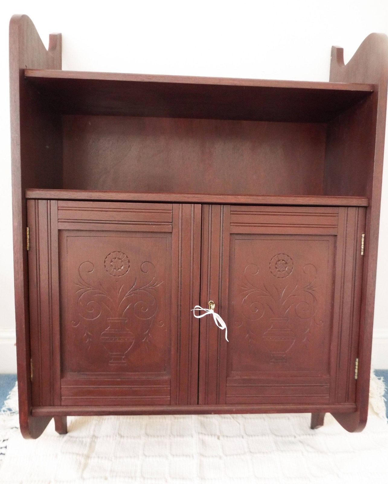 Antique Solid Mahogany Wall Cabinet Victorian Edwardian Cabinet Apothecary Cupboard Bathroom Cupboard Hand Carved Mahogany Restored Cabinet photo vintage