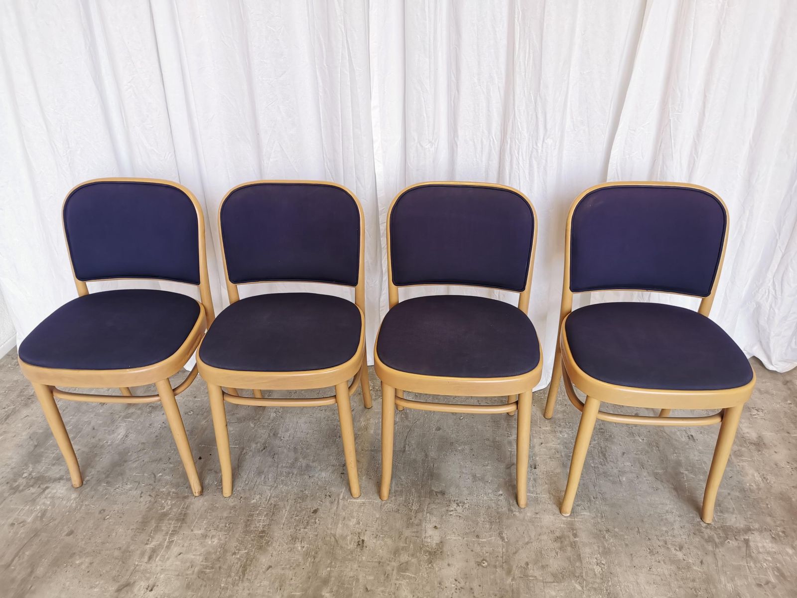 Set Of 4 Vintage Dining Chairs / Design Joseph Hoffmann For Thonet / 1970s Italy / Seat And Back In Royal Blue Fabric / Wooden Bentwood Base photo furniture