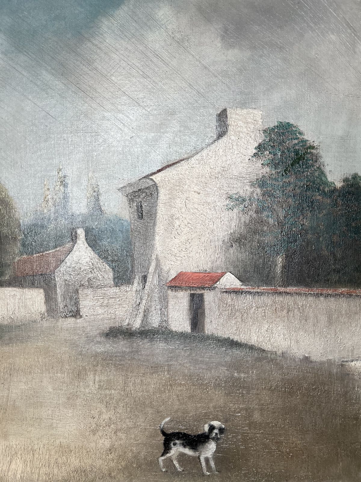 photo furniture Dog And Houses, Oil On Canvas Landscape Painting