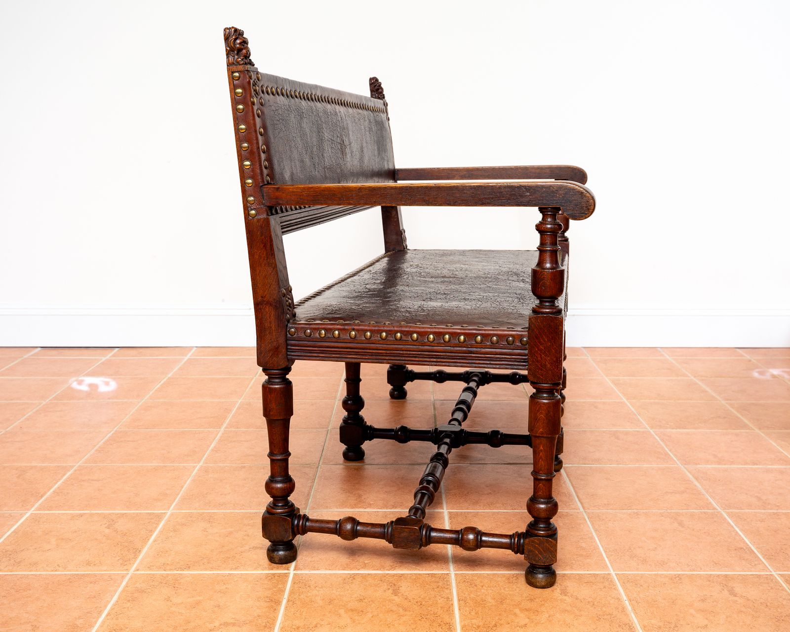4450.0 Antique Spanish Colonial Oak Leather Bench Studded Brass Country House Renaissance Revival Baronial 1890 Three Seater photo