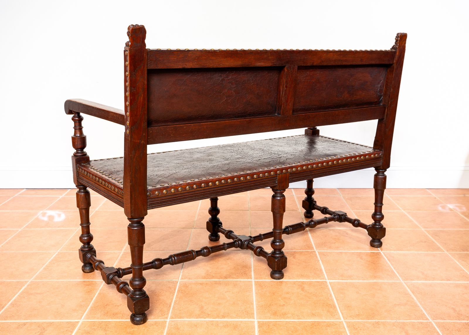 Antique Spanish Colonial Oak Leather Bench Studded Brass Country House Renaissance Revival Baronial 1890 Three Seater photo Furniture