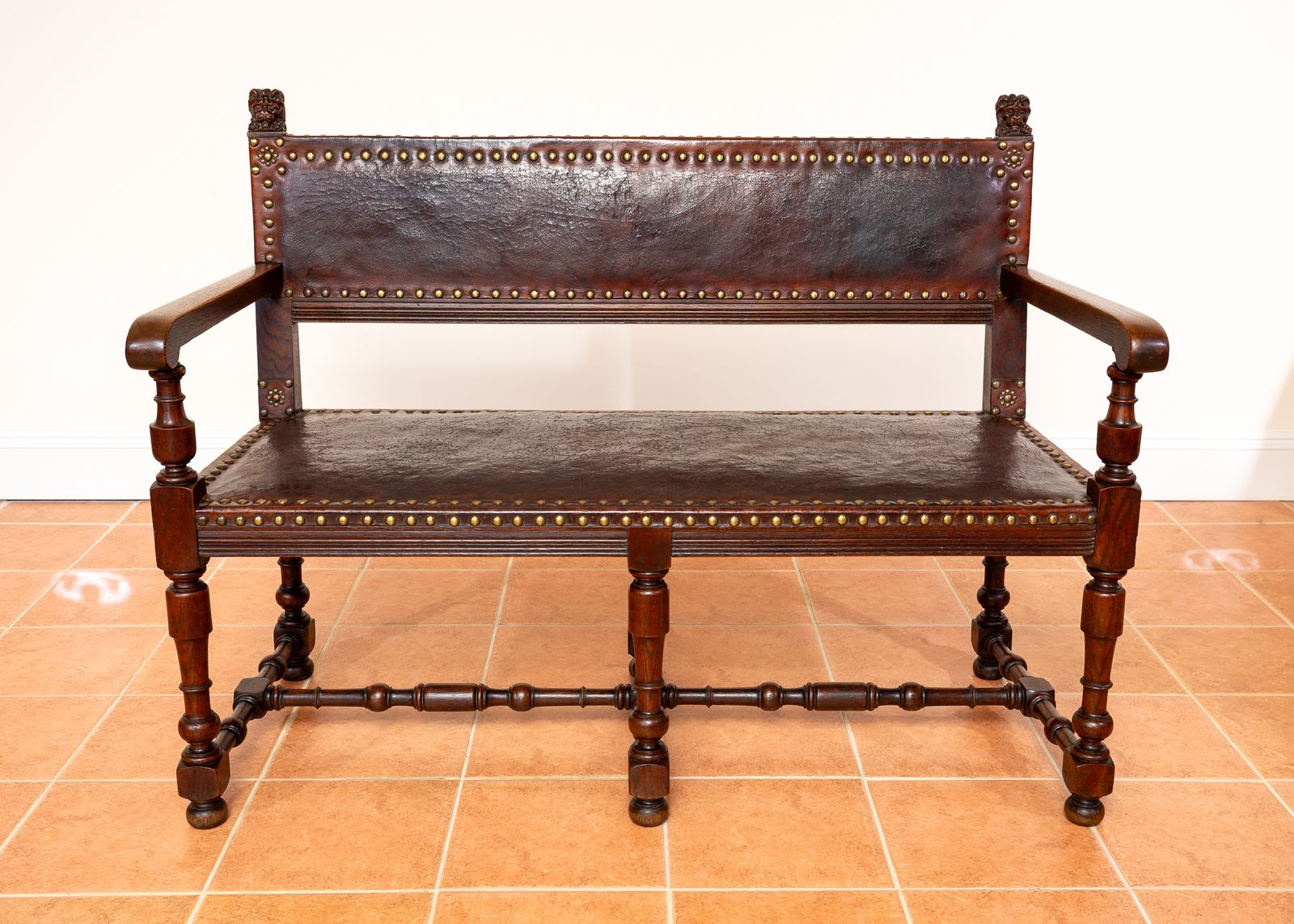 Antique Spanish Colonial Oak Leather Bench Studded Brass Country House Renaissance Revival Baronial 1890 Three Seater photo 4450.0