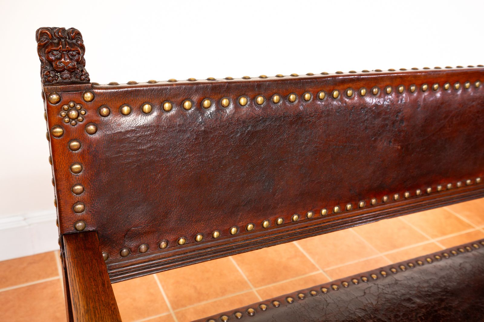 photo vintage Antique Spanish Colonial Oak Leather Bench Studded Brass Country House Renaissance Revival Baronial 1890 Three Seater