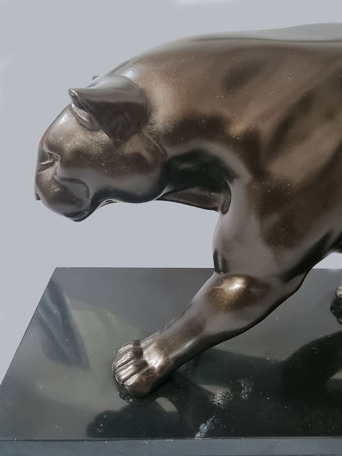 Large French Art Deco Sculpture Of A Spelter Panther Set On A Black Marble Base photo for sale