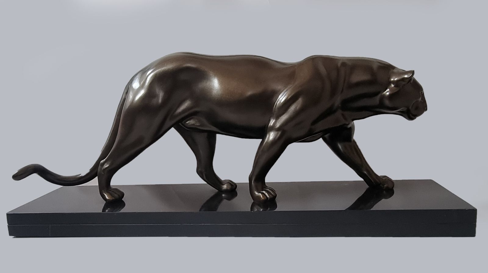 Large French Art Deco Sculpture Of A Spelter Panther Set On A Black Marble Base photo vinterior