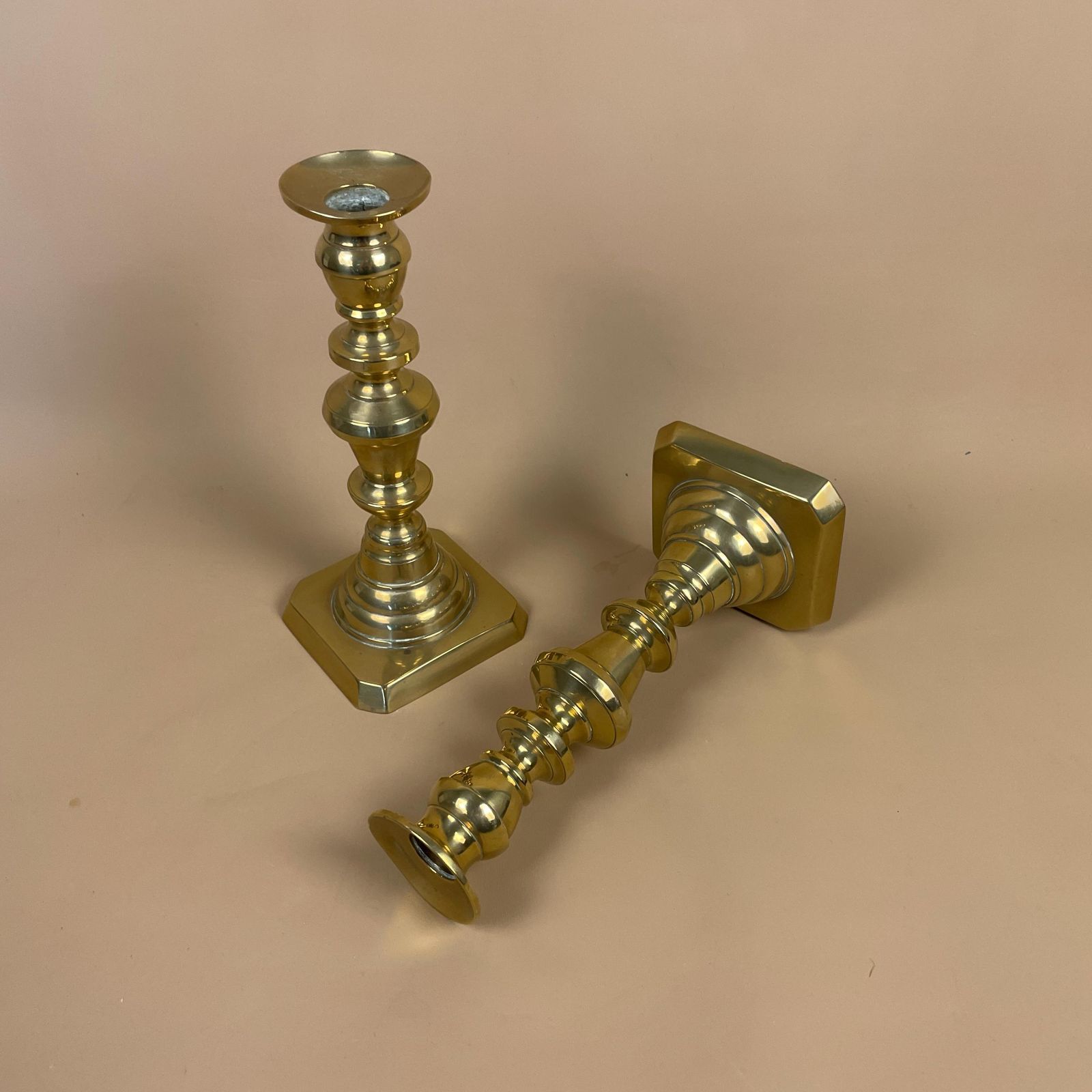 Antique Matching Pair Of Gold Brass Metal Candlestick Candle Stick Vintage Column Taper Dinner Candlesticks Square Base Column photo furniture