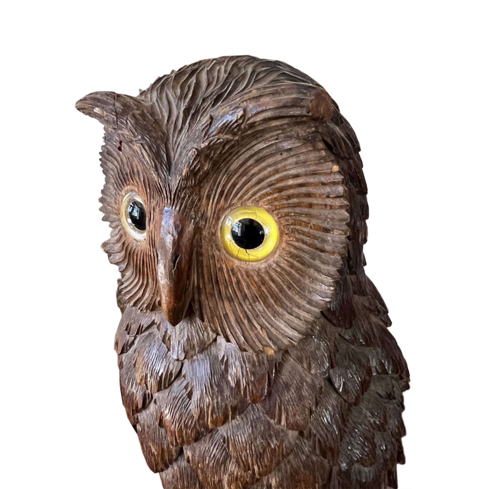 Swiss Black Forest Carved Owl With Glass Eyes, Early 1900s photo for sale