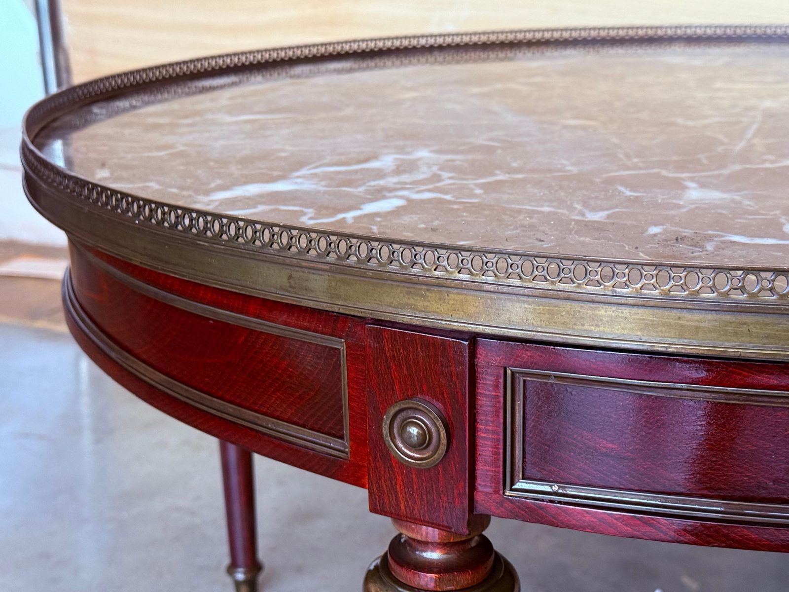 French Provincial Bouillotte Mahogany With Marble Top Round Coffee Table photo buy