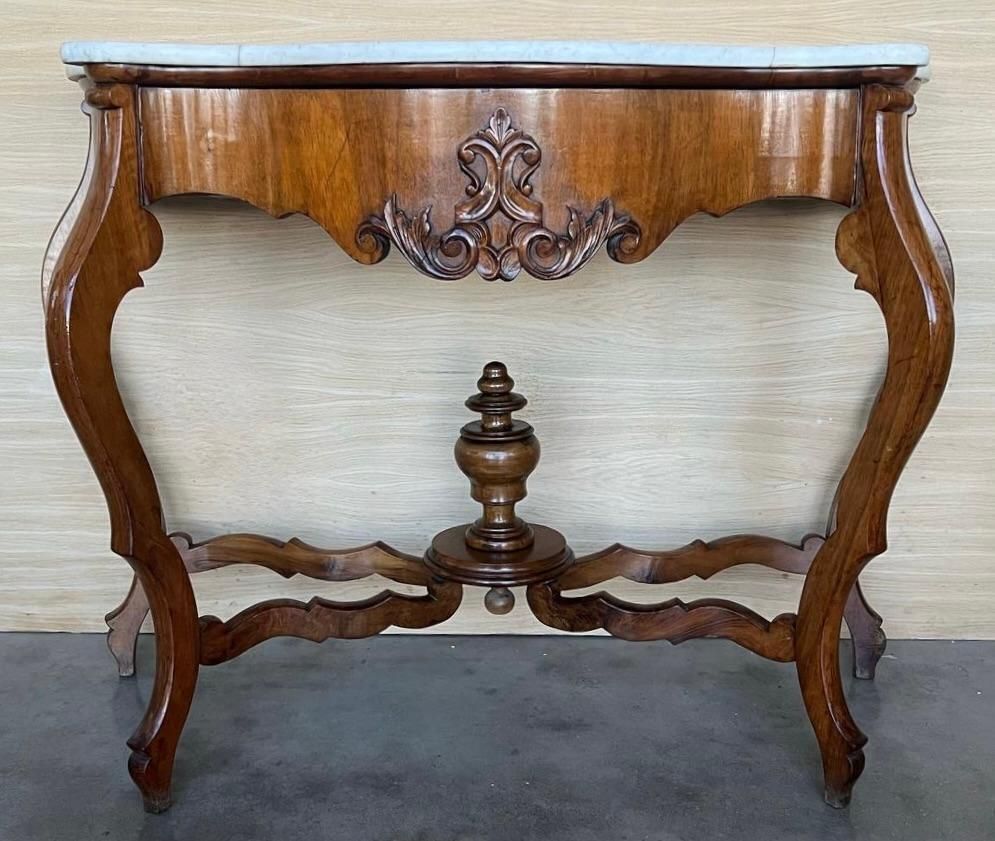 French Regency Console Table In Carved Walnut With Drawer And Marble Top photo Furniture