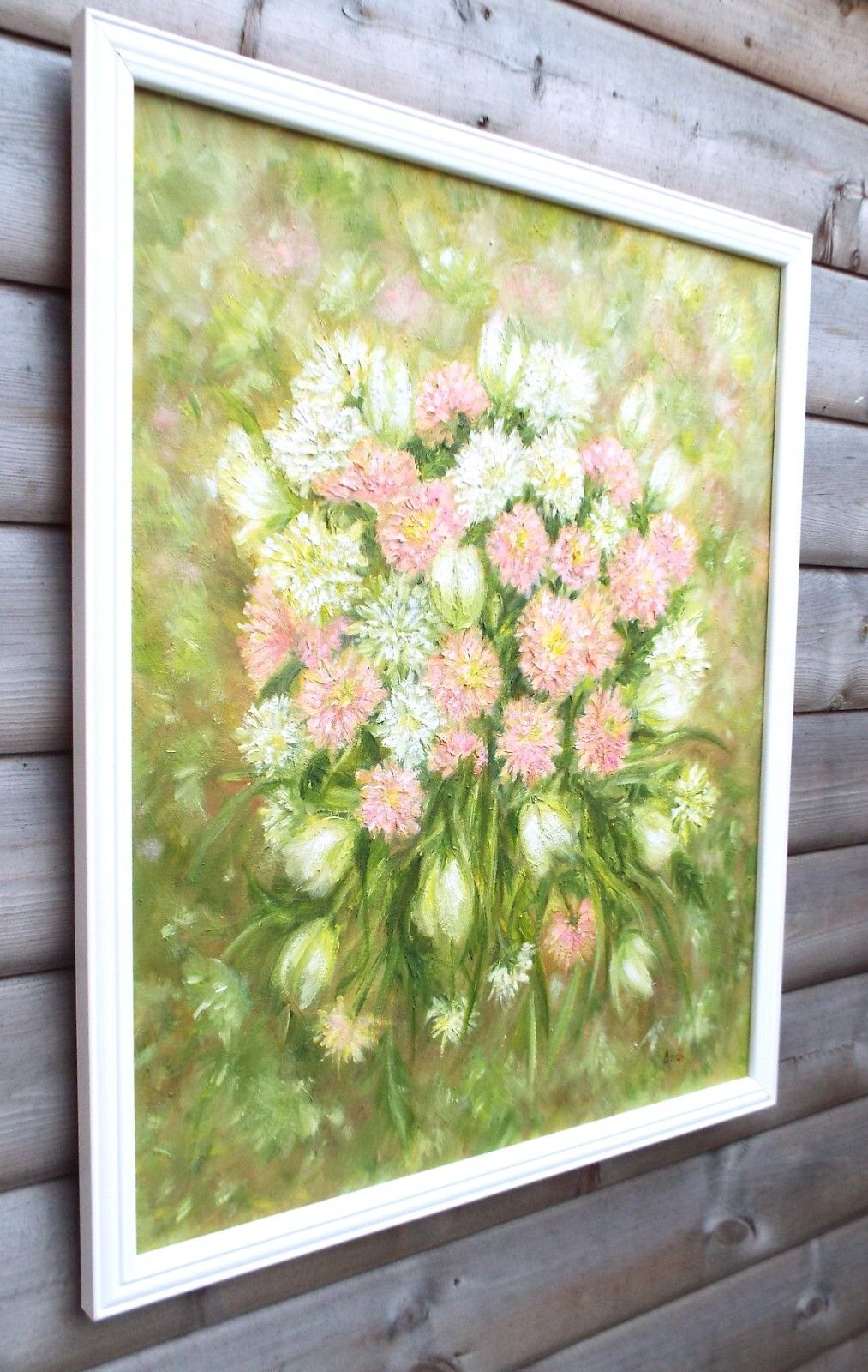 New Large Framed Original  Oil Painting Floral Pink & White Flowers Andi J Lucas photo for sale