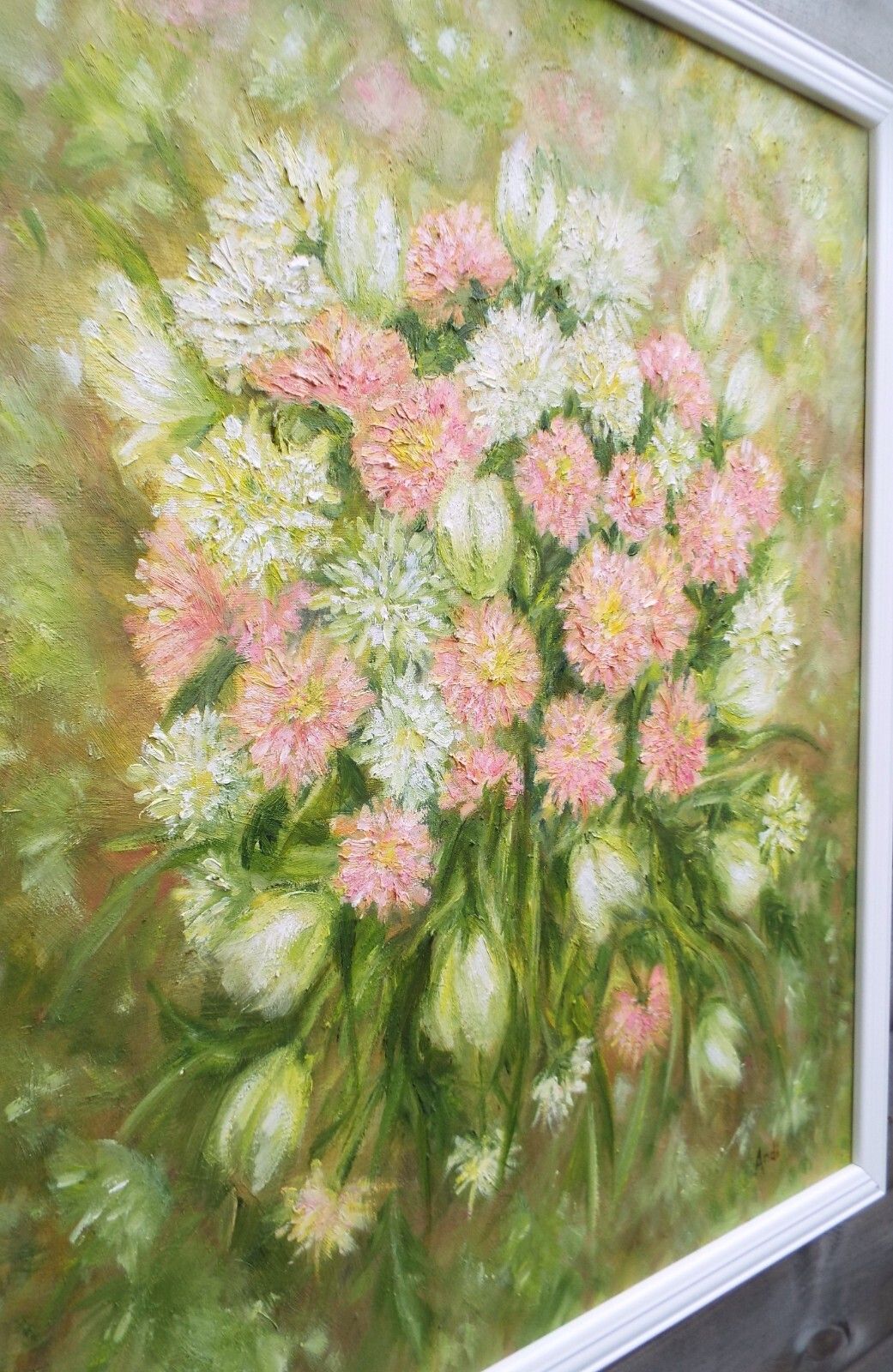 New Large Framed Original  Oil Painting Floral Pink & White Flowers Andi J Lucas photo vintage