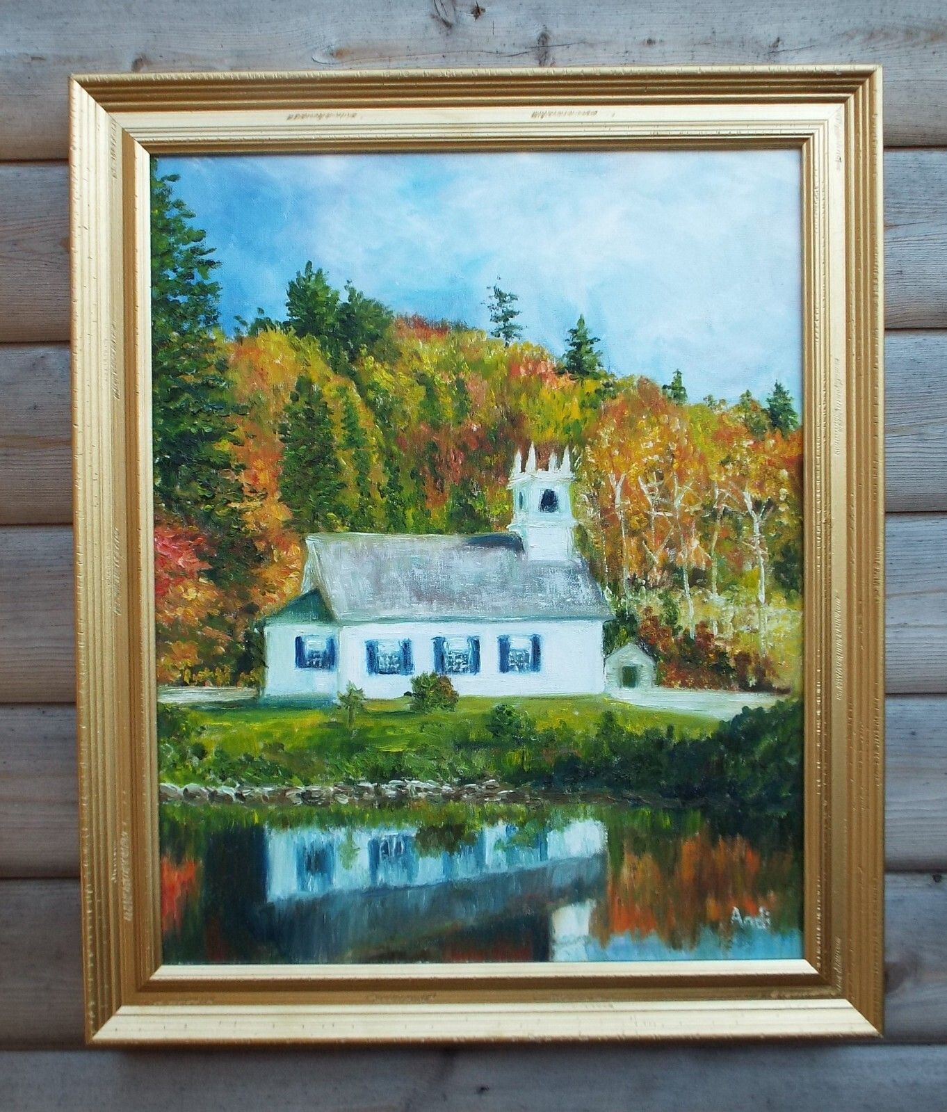 Vermont Church Autumn Forest Landscape Oil Painting Signed Framed Andi J Lucas